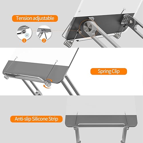 Miniatura 5 de Soporte de acrílico para lectura, soporte ajustable de aluminio con múltiples ángulos y alturas, soporte ajustable para libros y clips de página,