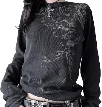 Womens Y2K Gothic Graphic Ribbed Sweatshirts Vintage Punk Long Sleeve Tops Grunge Streetwear Going Out Clothes