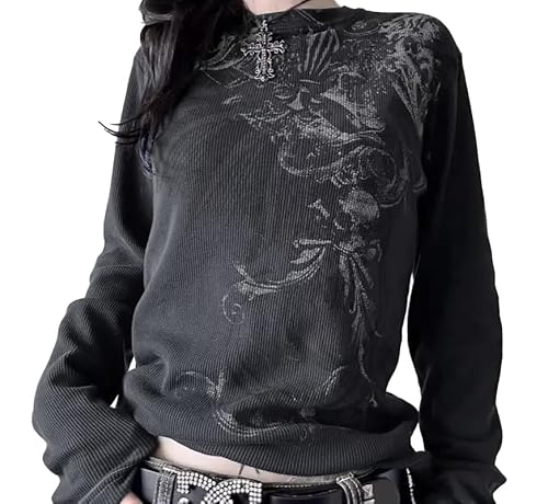 Womens Y2K Gothic Graphic Ribbed Sweatshirts Vintage Punk Long Sleeve