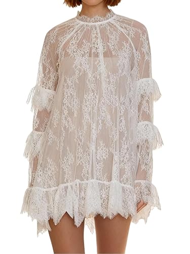 See Through Dress for Women Long Sleeve Lace Mini Dress Ruffle Sheer Lace Short Dresses Sexy Going Out Cover Up Dresses 2026 - White - Small