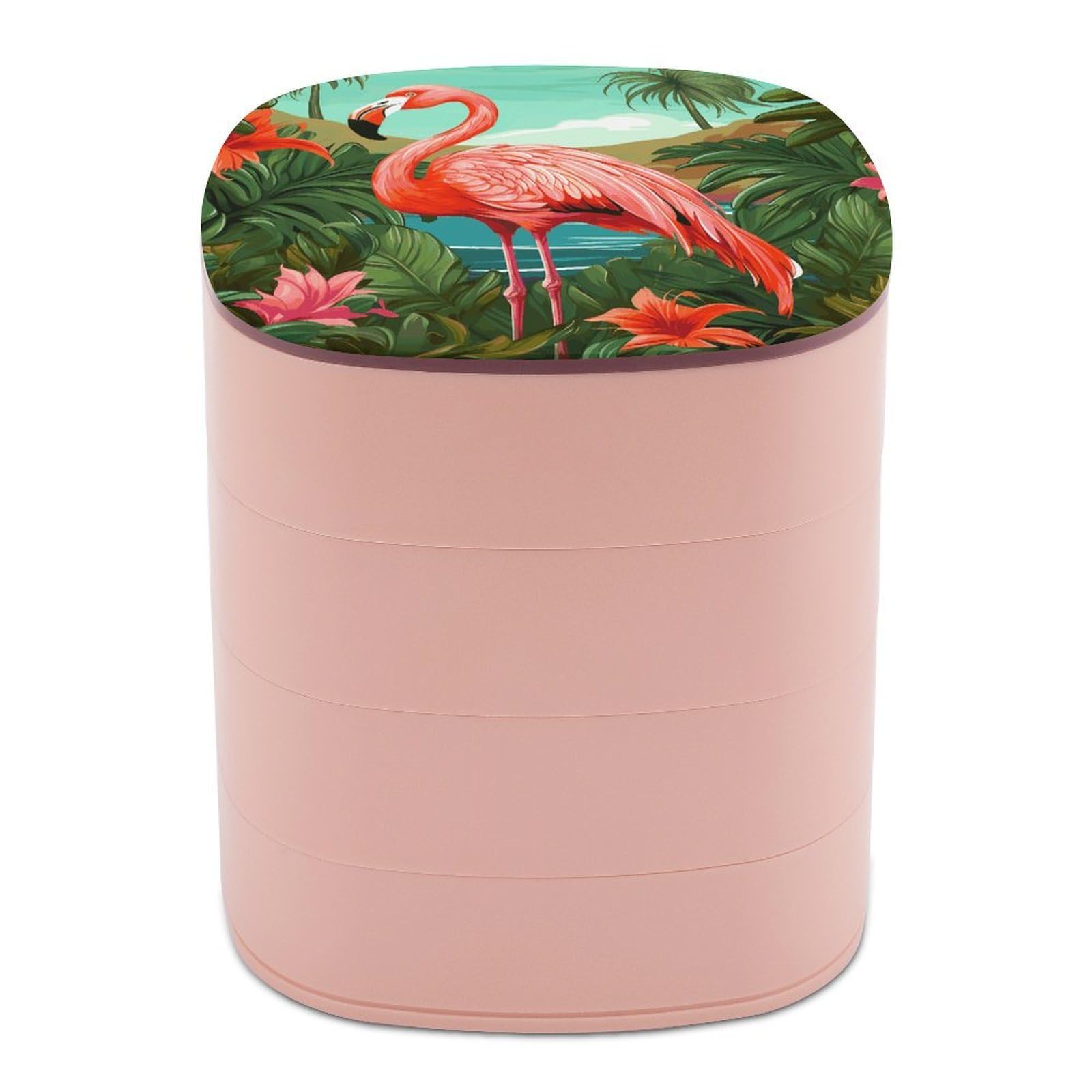 VstaDank Tropical Flamingo Jewelry Box 360° Rotatable Jewelry Organizer 4 Layers Jewelry Case with Lid Fashion Portable Earring Holder for Bracelets Rings Bracelets Vanity