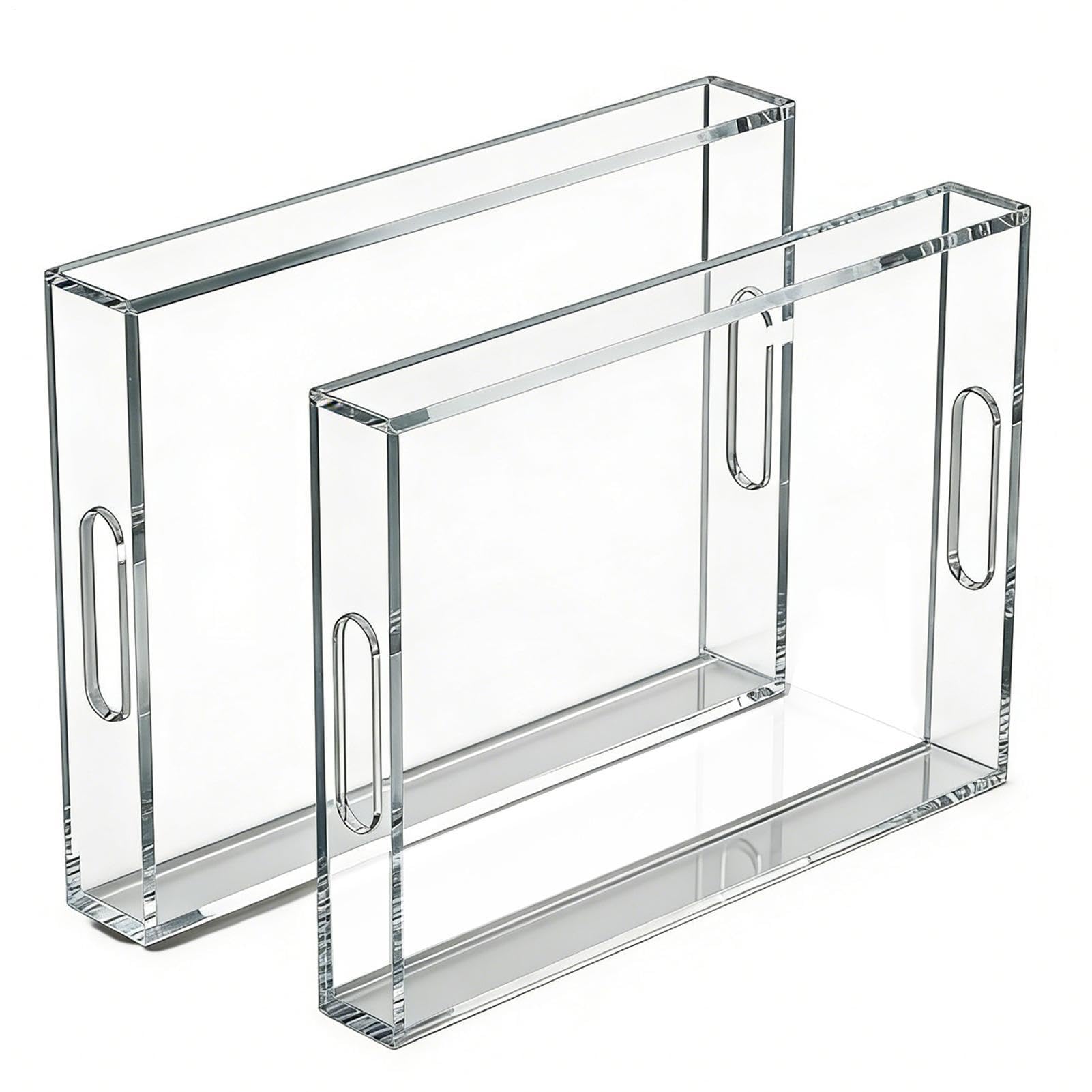 Bandeja de Servicio Transparente Juego de 2 con asas, grande e impermeable | Organizador Rectangular Antiderrames Para baño, cocina, cafetería, comedor, postres