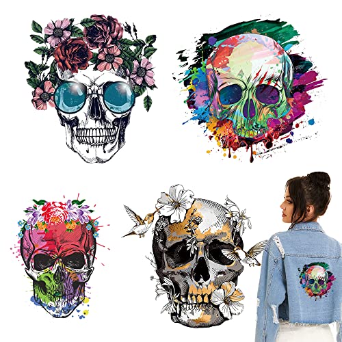 Skull Iron On Patches Red Rose Flag Decals Heat Transfer 4Pcs Pink Flower Applique Colorful Love Diy Sticker Halloween Supplies Large Patriotism Women Adult Men Decor For Hoodie T-Shirt Jean Clothing #TOP7