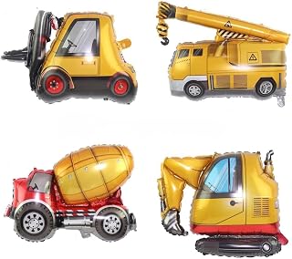 4Pcs Excavator, Dump Truck, Forklift, Mixer Truck, Crane Balloons for Boys Construction Birthday Party Supplies, DIY Construction Vehicle Party Decorations
