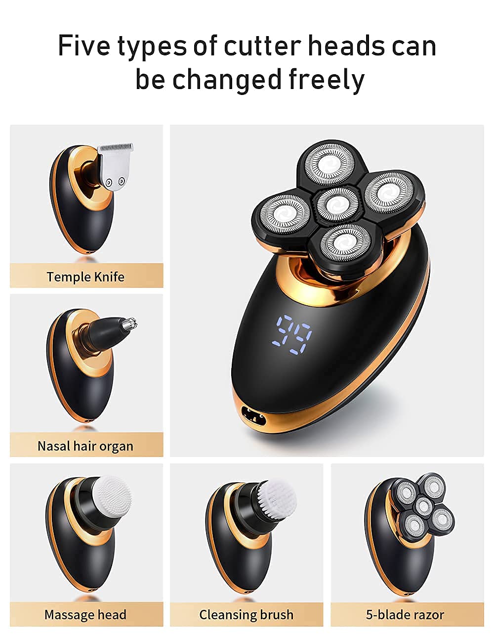 Afeitadora de cabeza eléctrica 5 en 1 para hombres calvos – Afeitadora de cabeza para hombres – Anti-pellizco – Diseño ergonómico – inalámbrico y recargable. (dorado)