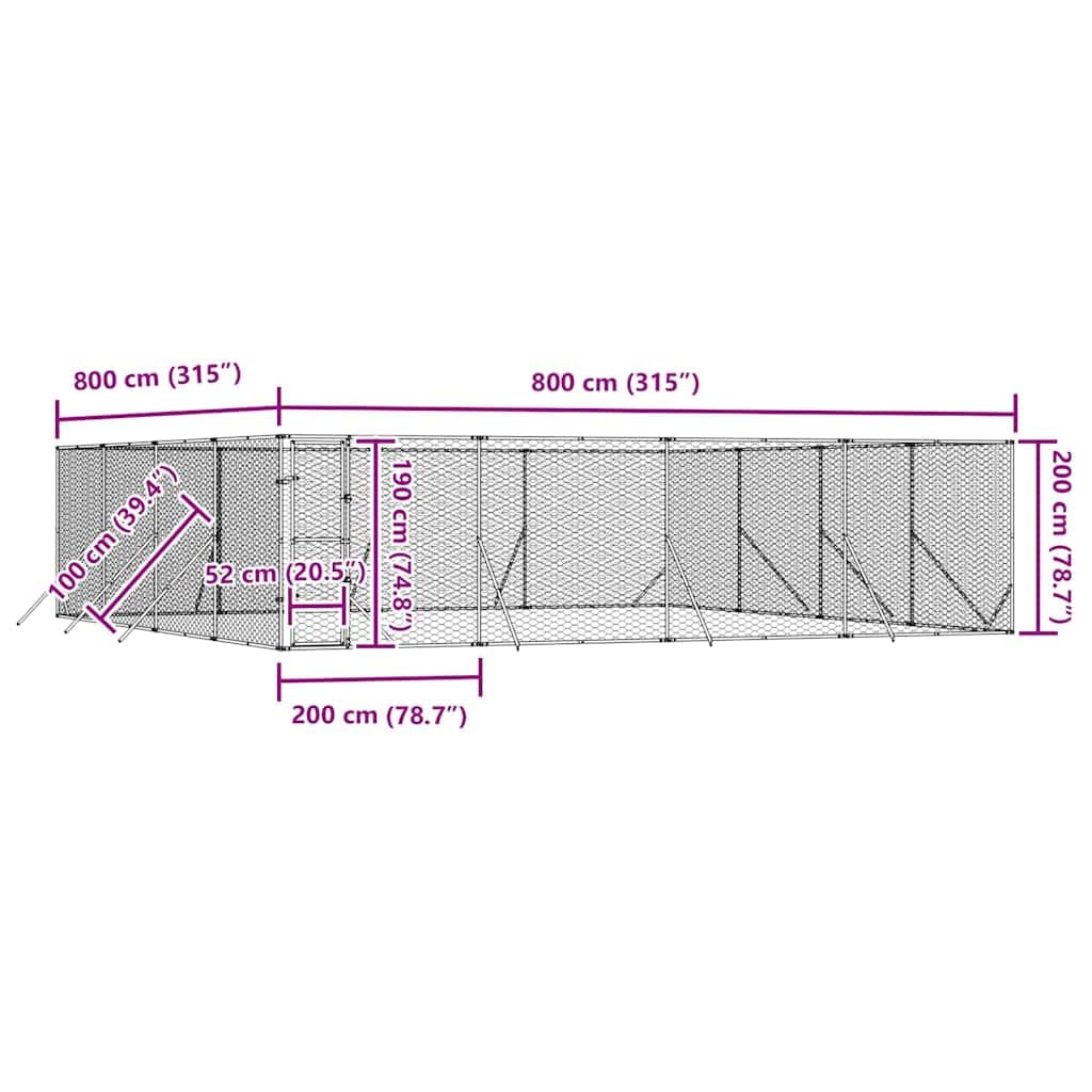 Outdoor-Hundezwinger aus verzinktem Stahl silbern 8x8x2 m mit abschließbarer Tür, wetterfestes Freilaufgehege für Hund, Kleintiere, Garten, Training, Schutz und Sicherheit