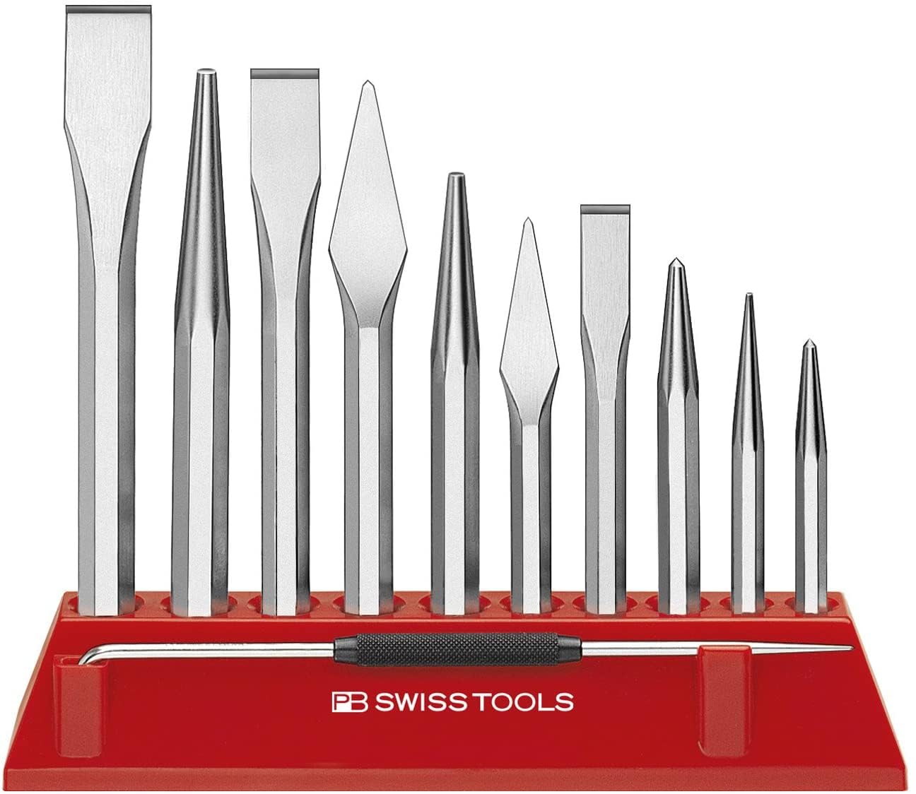 PB Swiss Tools Large Chisel and Punch Tool Set with Plastic Stand + Scriber