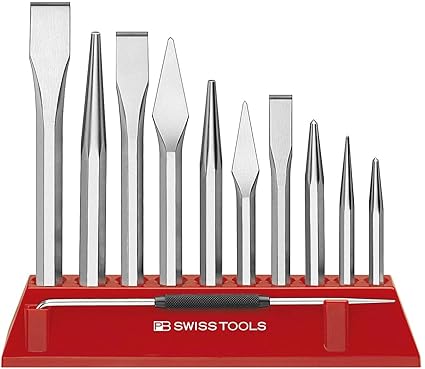 PB Swiss Tools Large Chisel and Punch Tool Set with Plastic Stand + Scriber