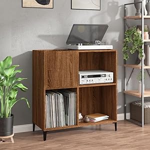 IKAYAA Mueble de Discos de Madera Con Patas Metálicas 84,5x38x89 cm, Stand Para Tocadiscos de Vinilo, Estanteria CD Para Vinilos, Marrón Roble