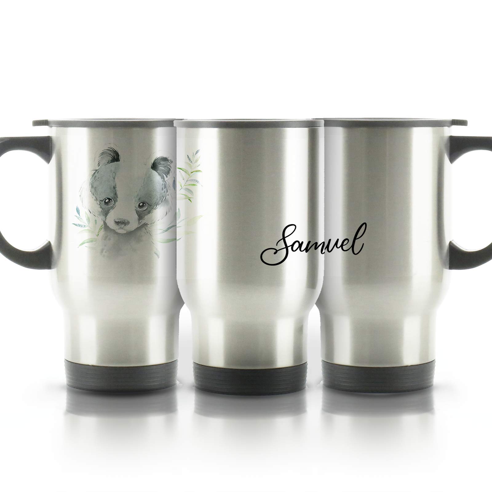 Hairyworm Personalised Travel Mug, 400ml Silver Stainless Steel Travel Mug with Handle, Customised with Initial/Name, Black and White Badger Leaves Design Print