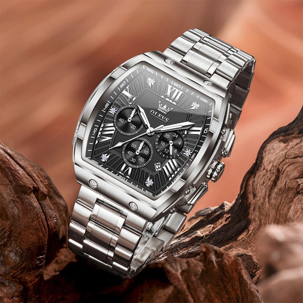 OLEVS Men's Wrist Watches Square Face Luxury Dress Fancy Original Watches for Men Stainless Steel Chronograph Waterproof Nice Big Sports Watch Men Classic Business Formal Adjustable Quartz Mens Watch - Image 4