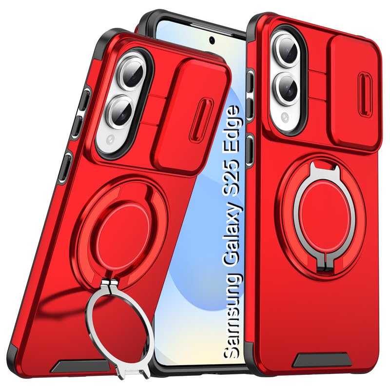 Image of LuxuryKase Shockproof Rugged Case for Samsung Galaxy S25 Edge | Slide Camera Cover | 360 Rotating Ring Kickstand | Military-Grade Protection - Cherry Red