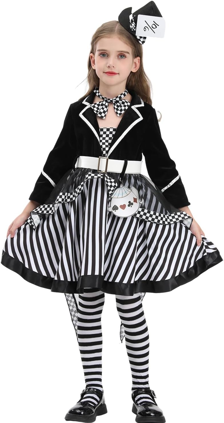 FCCAM Girls Mad Hatter Costume with Hat Mad Hatter Dress for Kids Halloween Costume XL - Image 2