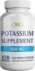 365 Health Potassium Supplement 1020 mg | Potassium Bicarbonate | Non-GMO | Gluten Free | Made in USA | 120 Vegetarian Capsules