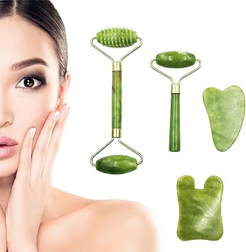 4 Pack Natural Jade Face Roller Gua Sha Set, Facial Skin Massage Tool Kit