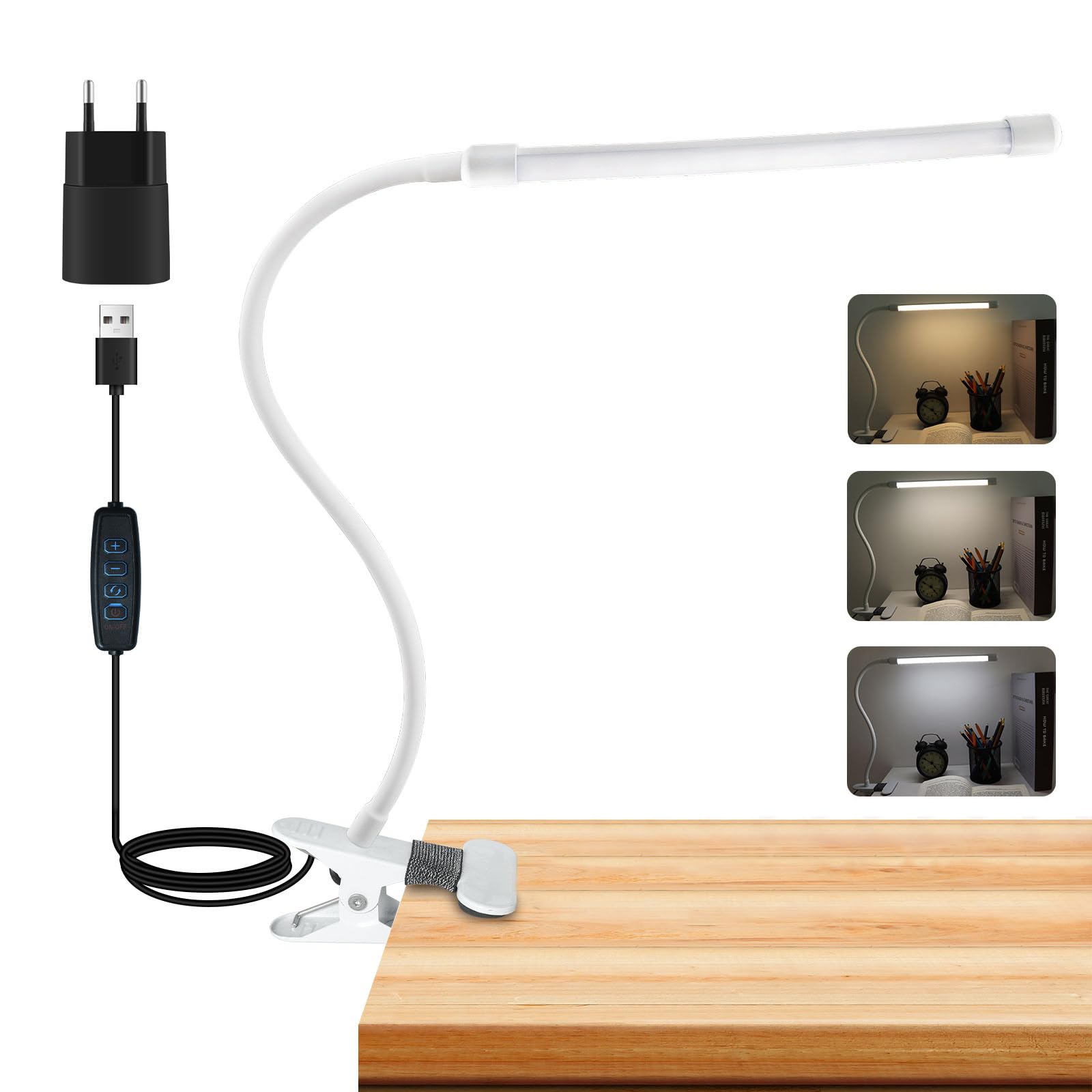 Akynite 8W Flexo Pinza con Cable para Luz Escritorio, 3 Colores y 10 Intensidad, Portátil Luz de Manicura Tatuaje, Flexible Clip Lámpara USB para Pintura Gaming PC, Luz Lectura Cama, Blanco