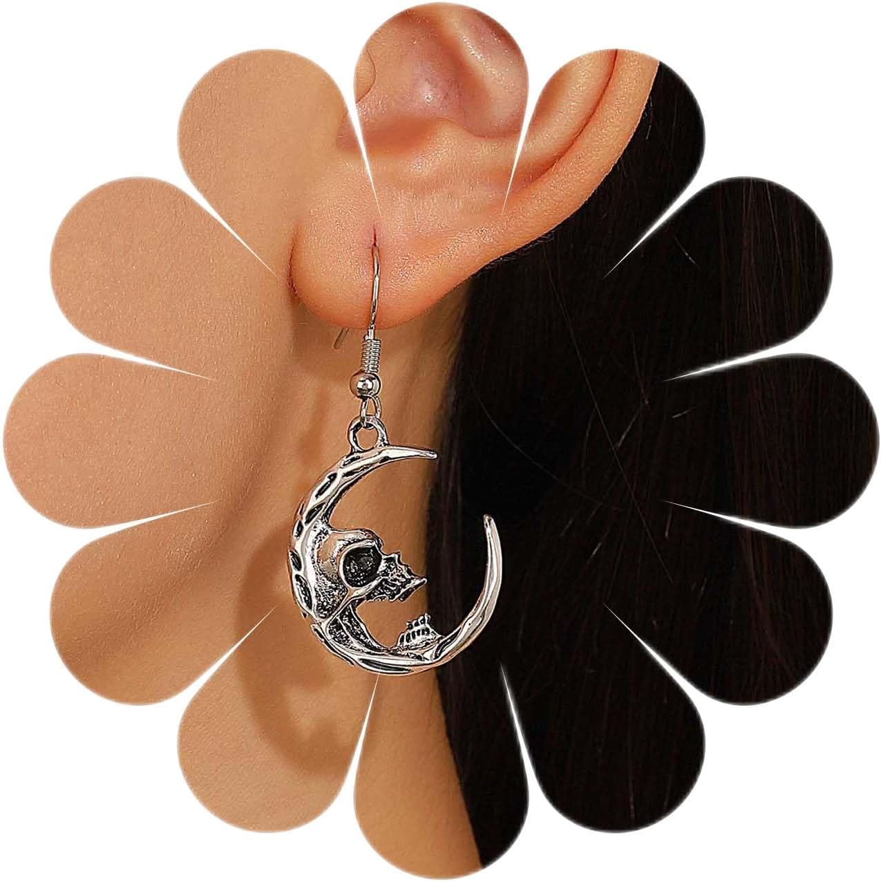 Punk Skull Crescent Dangle Earrings Silver Skeleton Moon Drop Earrings Gothic Skeleton Hook Earrings Skull Tusk Moon Earrings Jewelry for Women Gifts