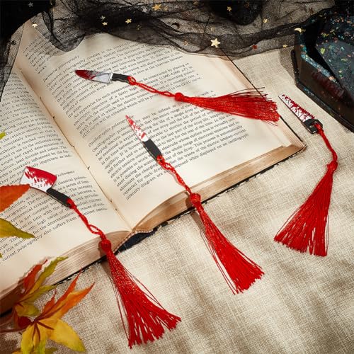 GOMAKERER 8 Pcs 4 Styles Blood Splatter Dagger Bookmarks, Halloween Theme Bookmark Tassels Acrylic Pendant Bookmark Cleaver Chainsaws Saw Bookmarks for Crafts Book Lover Jewelry Making - Image 3