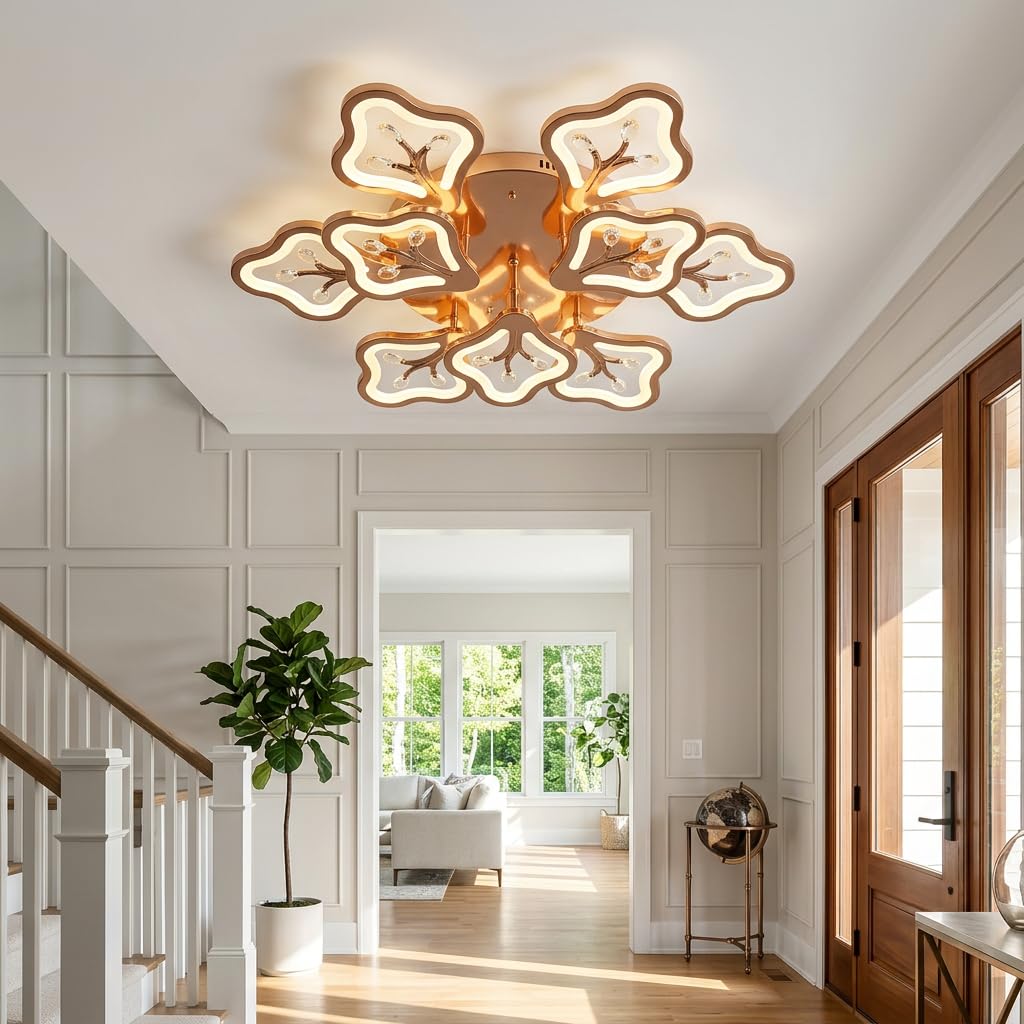Bloom 6+3 Head Rose Gold LED Ceiling Light for Living Room Bedroom Hall, 3 Color Changing Modern Ceiling Light Design, Small Chandelier for Ceiling, Jhumar Decorative Light-image-49