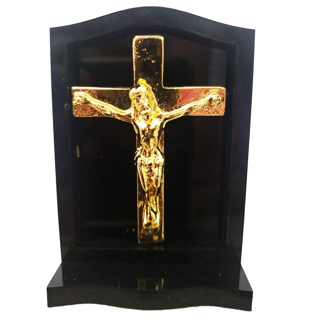 AllZon Jesus Christ on Cross Murti Statue God Idol Gold Plated for Prayer Car Dashboard - 3x2x1 Inches