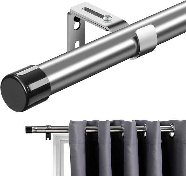 Curtain Rod with Cap Finials 76 to 238 cm, Silver Curtain Pole with Brackets Fittings Set Window Poles for Living Room & Outdoor