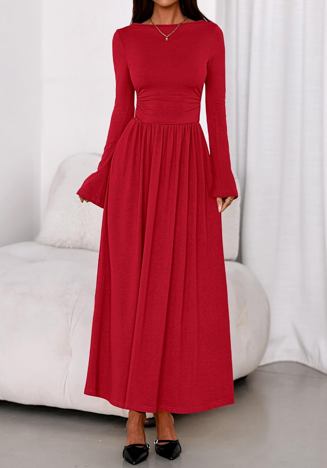 BTFBM Long Sleeve Maxi Dresses for Women 2025 Fall Casual Ruched Boat Neck Flowy Elegant Formal Wedding Guest Dress - Image 2