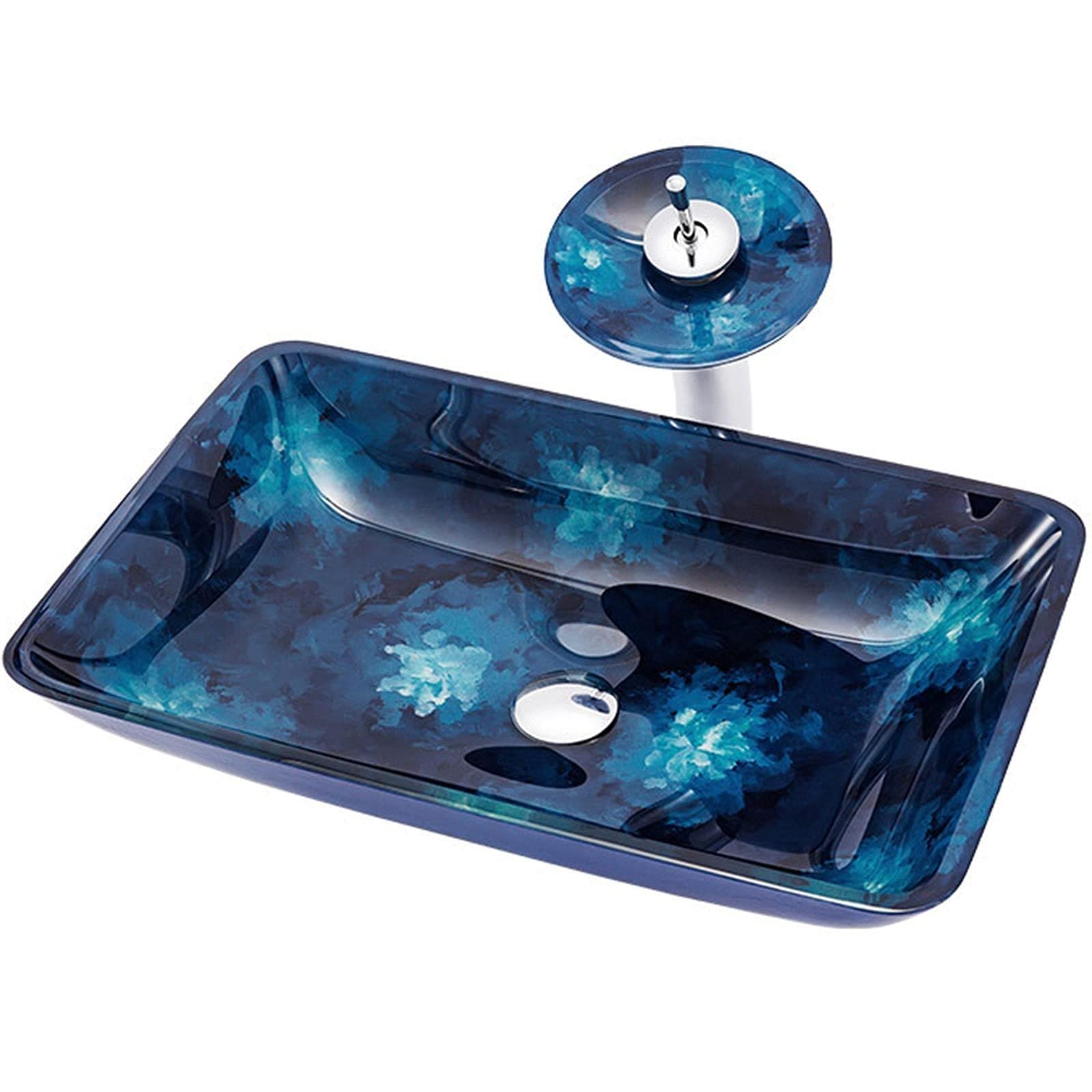 Sjdopulse Blue Art Basin Washbasin Tempered Glass Bathroom Sink Counter Type Rectangular With Waterfall Faucet 57 * 37.5 * 11Cm