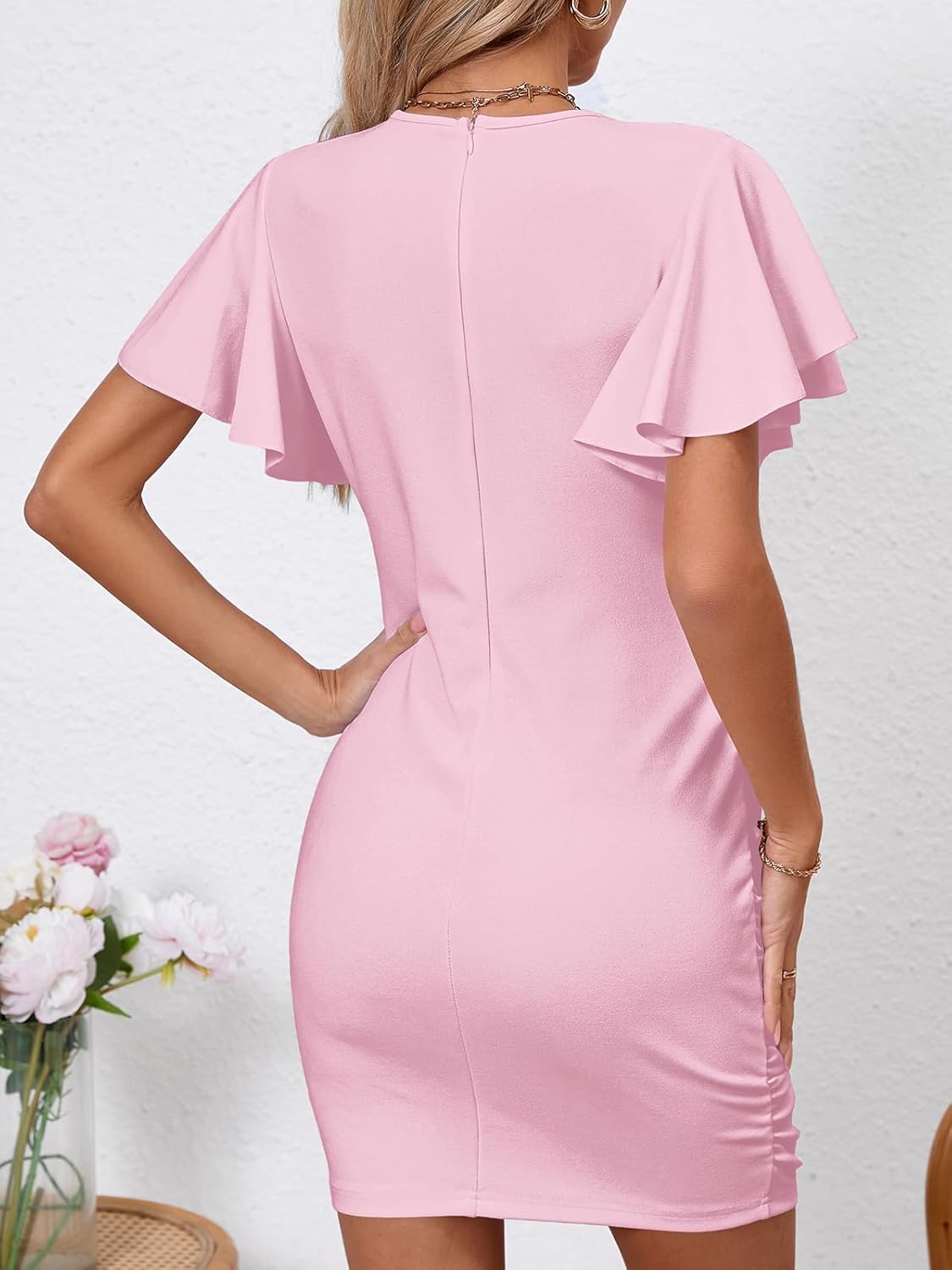 Women's Sexy V Neck Ruffle Sleeve Bodycon Mini Cocktail Party Dress Casual Short Sleeve Work Dress - Image 4