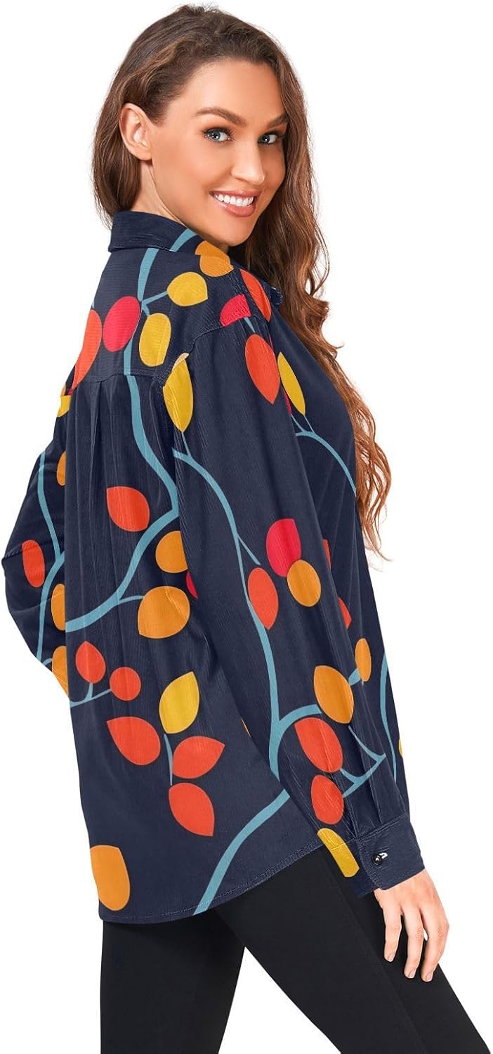 Orange-red Leaves Woolen Cord Fabric Mens Rugby Shirts Long Sleeve for Women Beach with Pockets