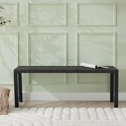 Outdoor Rattan Backless Bench Weatherproof Patio Bench with Slatted Seat, All-Weather Garden Bench for Porch, Patio, Lawn and Backyard, Black