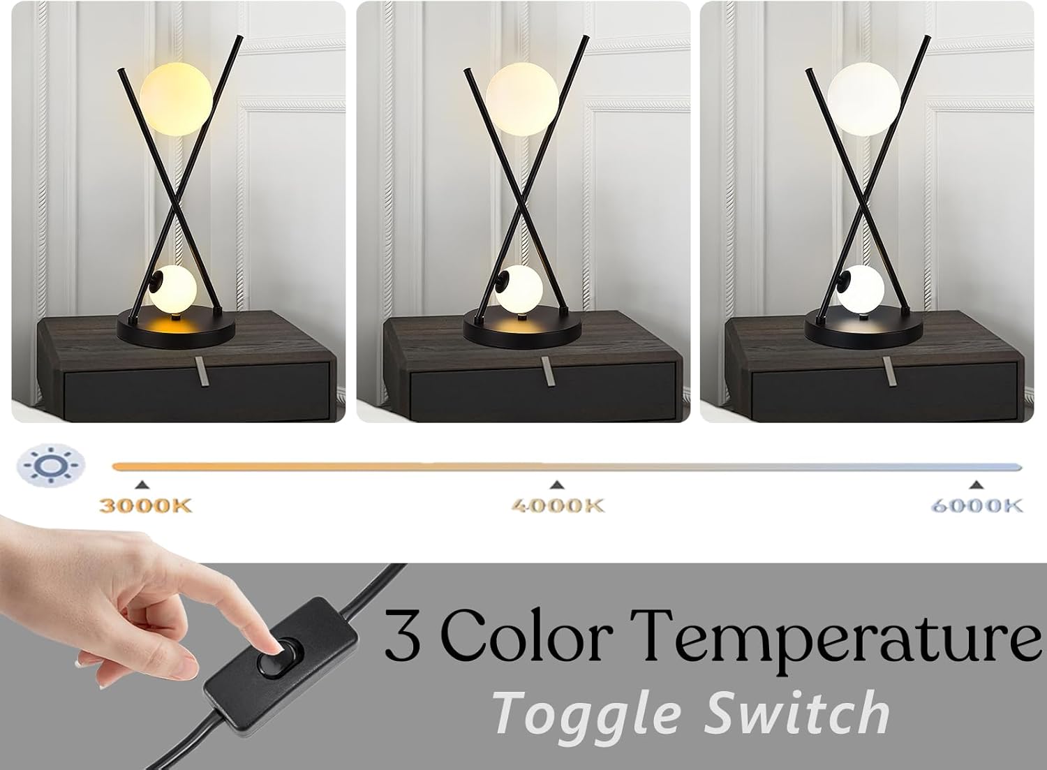 Modern Black X-Shaped Table Lamp 2-Lights Globe Glass Beside Lamp Nordic Metal 3 Color Temperatures Desk Lamp for Bedroom Living Room Study Office Corner