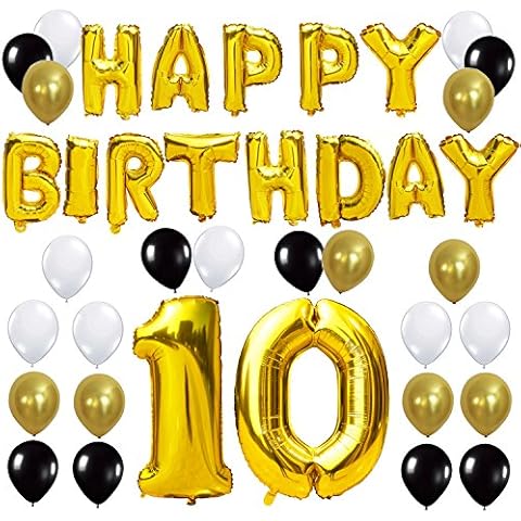 KUNGYO 10th Birthday Party Decorations - Happy Birthday Balloon Banner, Number “10” Balloon Mylar Foil, Black Gold White Latex Ballon, 10 Years Old Party Supplies Cover