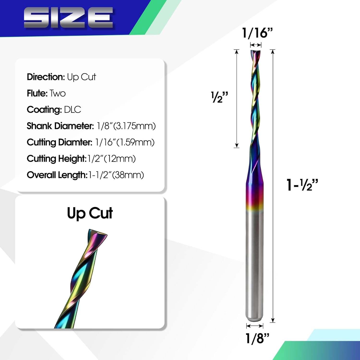 10Pcs CNC Router Bits with DLC Coating 1/8" Shank Upcut CNC Bit End Mill Solid Carbide Endmill Two Flute Spiral Milling Cutter for Wood PVC Engraving (1/16" x1/8" x1/2" x1-1/2)
