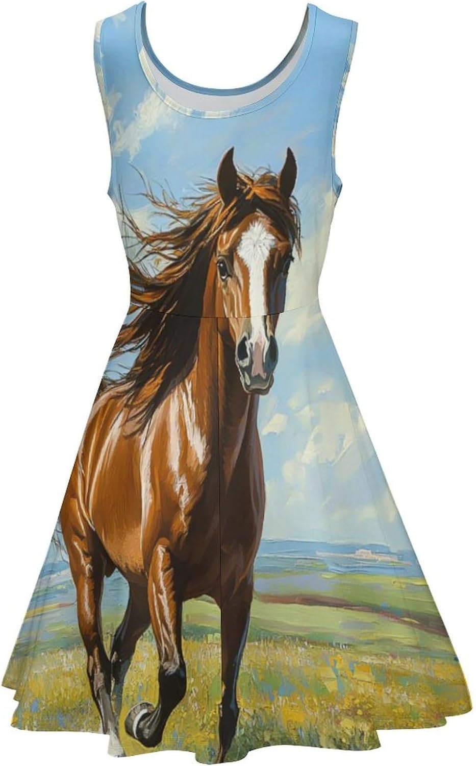 Beautiful Horse Pattern Women's Dresses Round Neck Dress Sleeveless Tank Dress Ruffle Hem Sundress