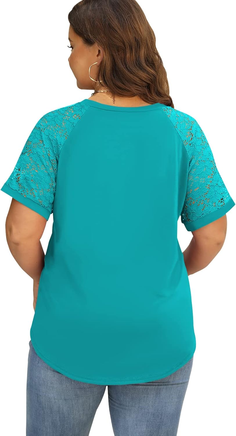 DOLNINE Plus-Size-Tops for Women Summer V Neck Casual Shirts Lace Short Sleeve Tees - Image 2
