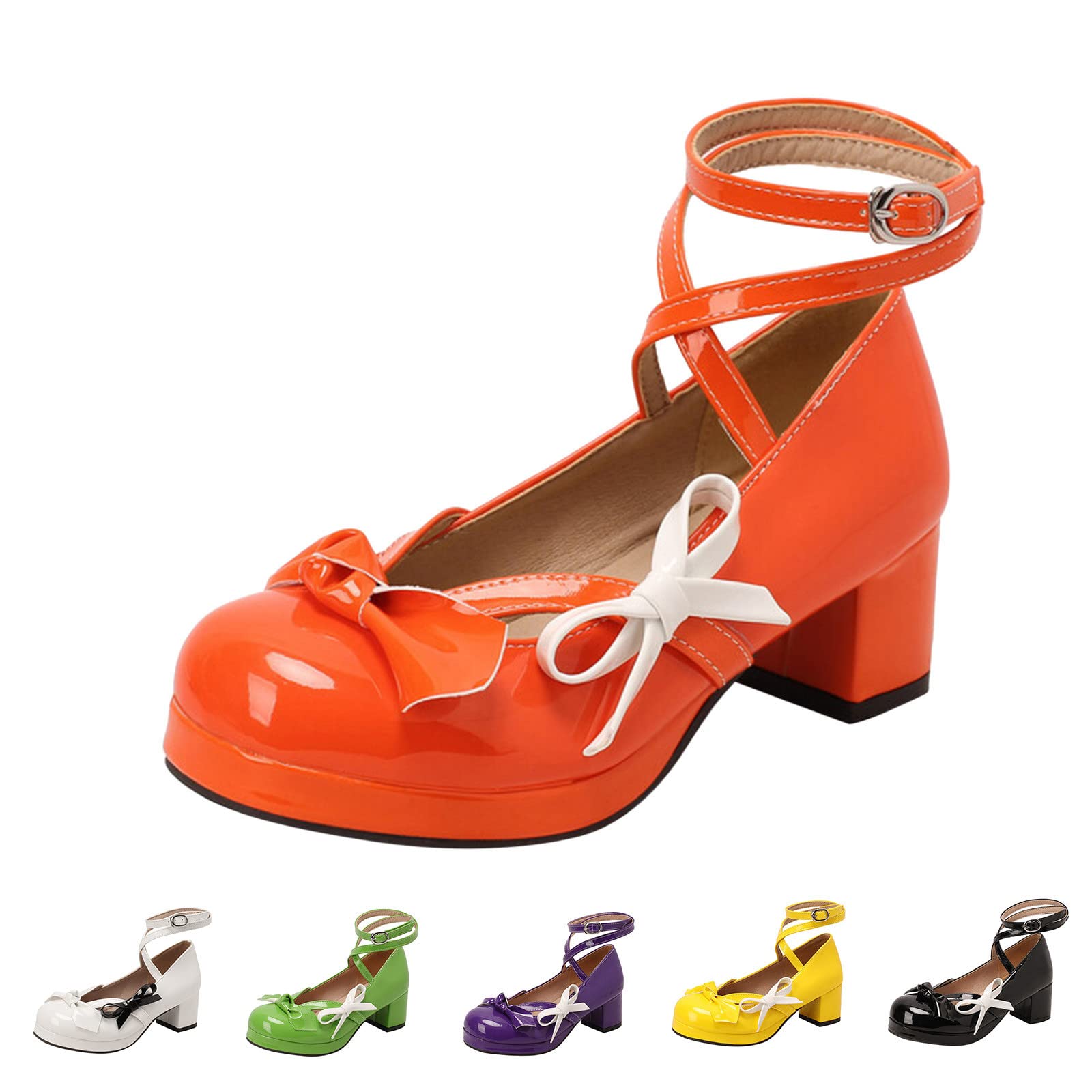 Scarpe basse da donna con cinghia, Mary Jane, con tacco alto, per cosplay, con fibbia, rotonde, in pizzo, per feste, balli di fine anno, in pelle