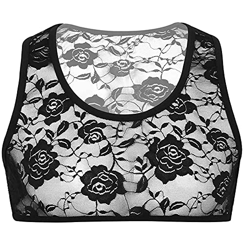Kkmeter Men's Sissy Lace Floral Mesh Sleeveless Muscle Fitted Vest T-Shirt See Through Half Top Undershirt (Black, Medium) #TOP2