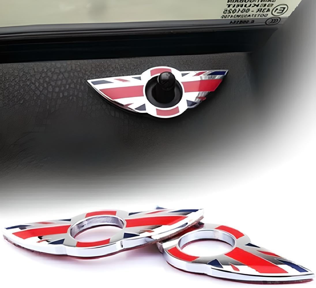 iJDMTOY (2) Union Jack Style Wing Emblem Rings Compatible with MINI Cooper R55 R56 R57 R58 R59 Door Lock Knobs, Red/Blue UK Flag Design (Does not fit R60 R61 nor F55 F56 Models)