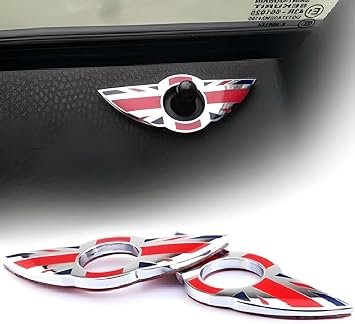 iJDMTOY (2) Union Jack Style Wing Emblem Rings Compatible with MINI Cooper R55 R56 R57 R58 R59 Door Lock Knobs, Red/Blue UK Flag Design (Does not fit R60 R61 nor F55 F56 Models)