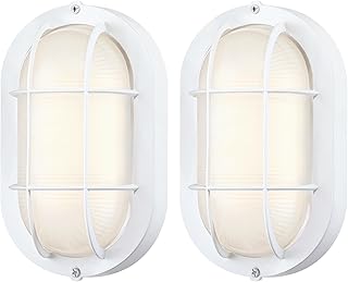 Oval Bulkhead Light Fixture, Dimmable Outdoor Wall Lantern, LED Nautical and Sauna Light, 600 Lumen 3000K Warm White, Waterproof White Aluminum with Forested Glass, 2-Pack