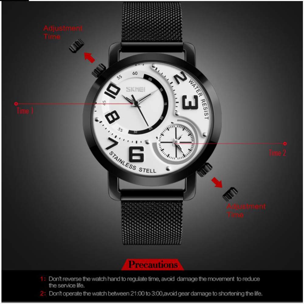 MASTOP Reloj de cuarzo para hombre, doble zona horaria, correa de malla de acero inoxidable, analógico, clásico, regalo
