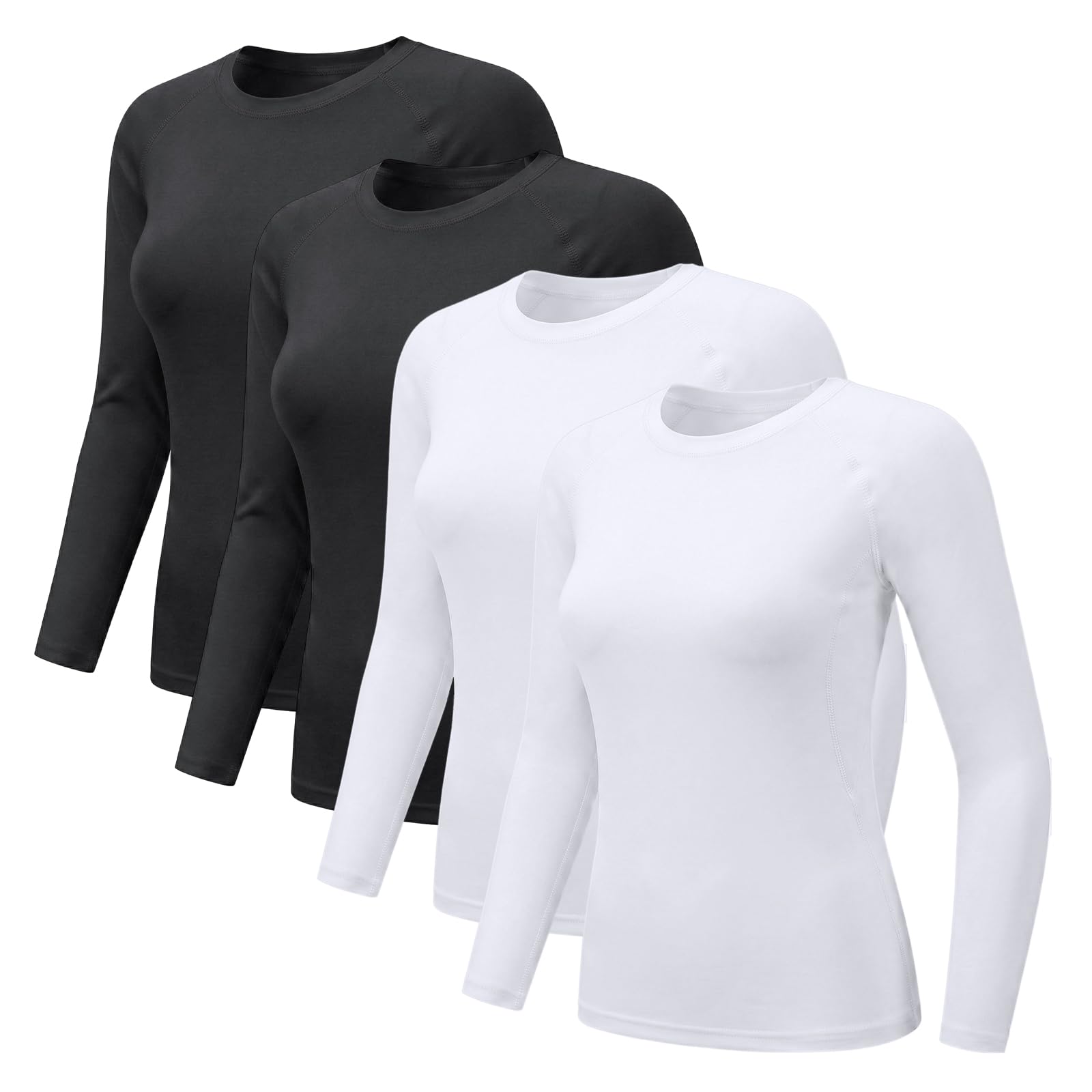 NuCamper 4 Packs Haut Thermique Femme Col Rond à Manches Longues T-Shirt Thermique Femme sous Vetement Chaud Léger Basic T-Shirt Top Slim Moulante Fit pour Hiver Automne Couleur Unie Tee Shirts
