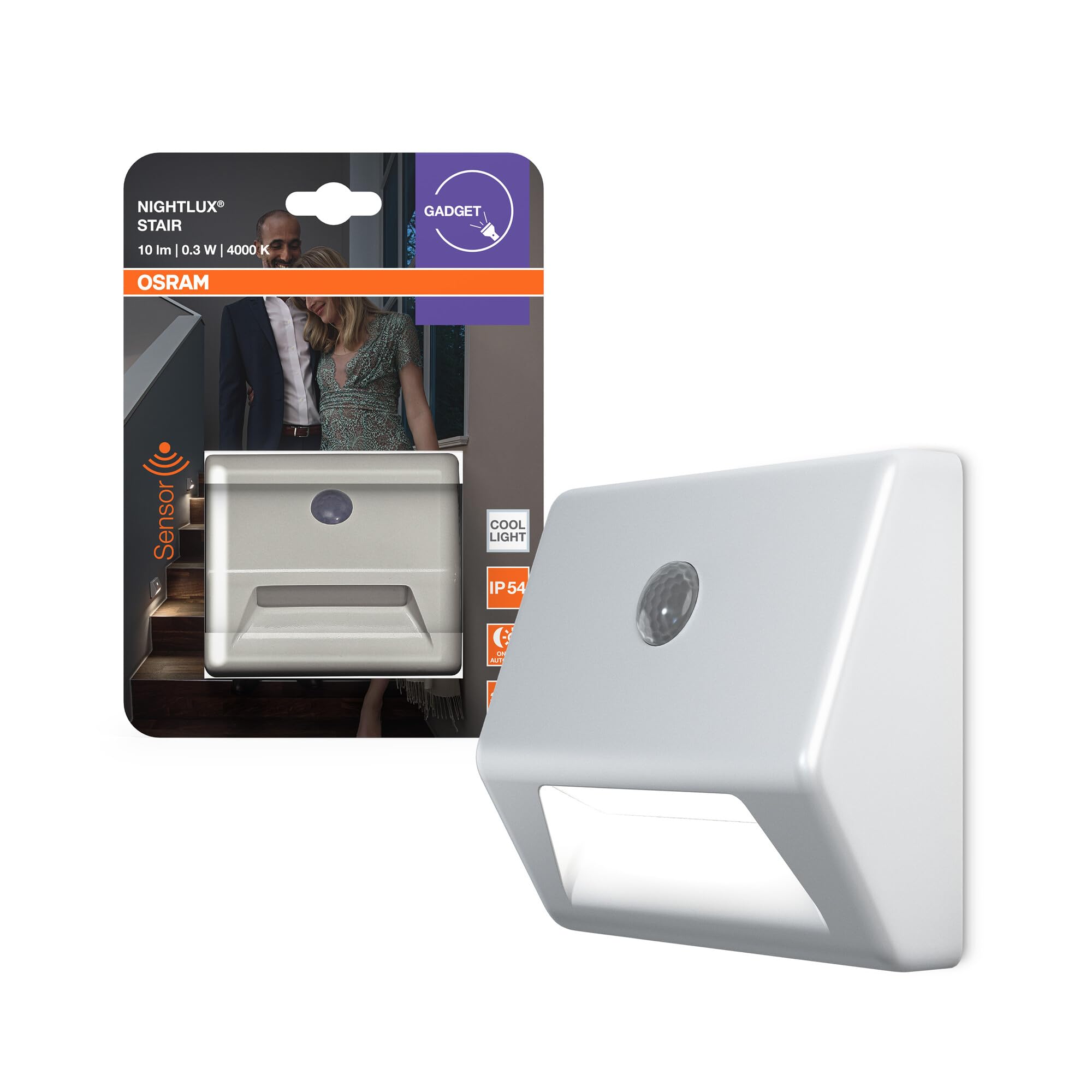 OSRAM Luz de noche para escaleras NIGHTLUX, blanca, sensor de movimiento, IP54, funciona con pilas, blanco frío de 4000 K, ideal para escaleras y con opciones de montaje flexibles