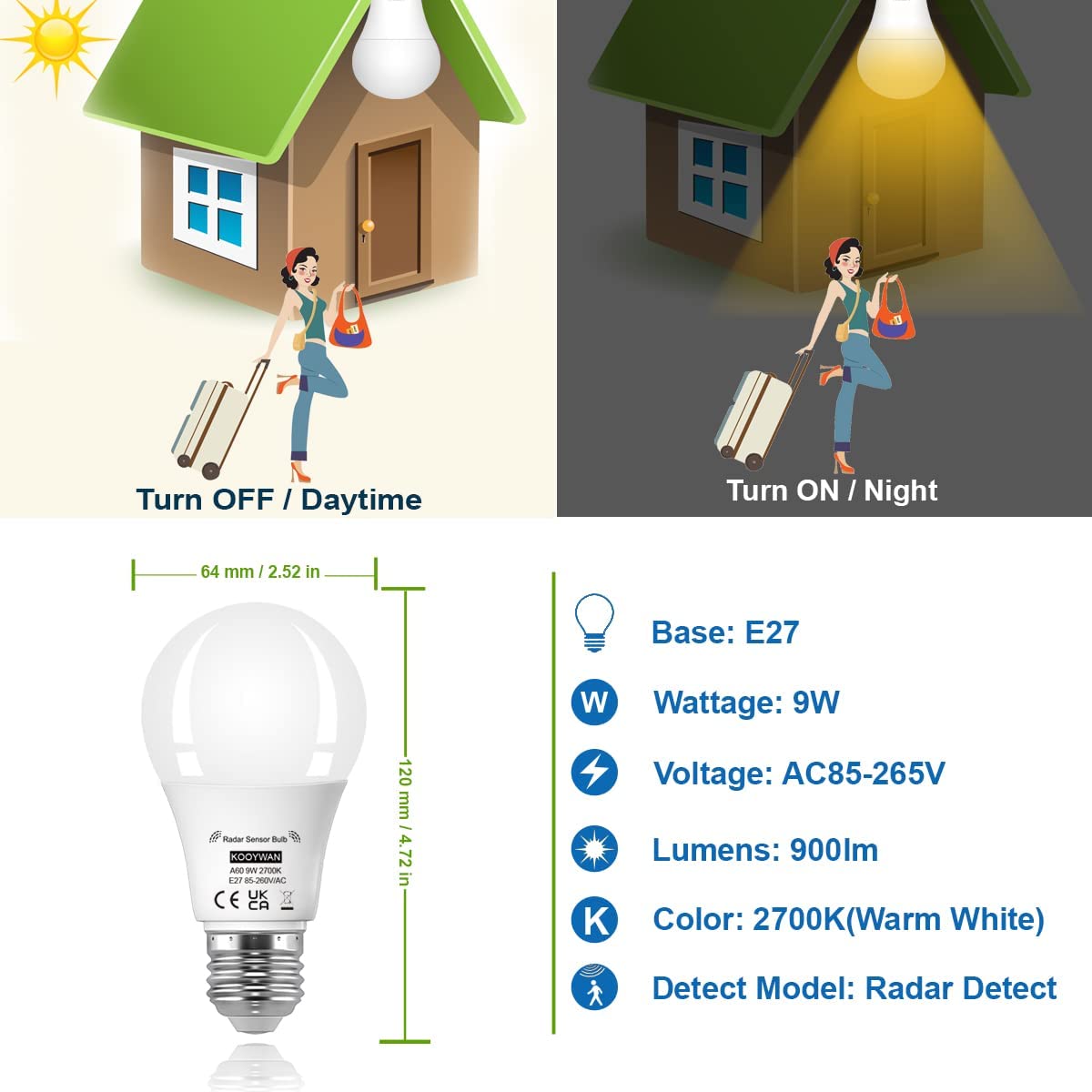 Kooywan lampadina sensore di movimento E27 9W Bianco caldo 2700K Auto On/Off lampadine con sensore crepuscolare 2 Pezzis