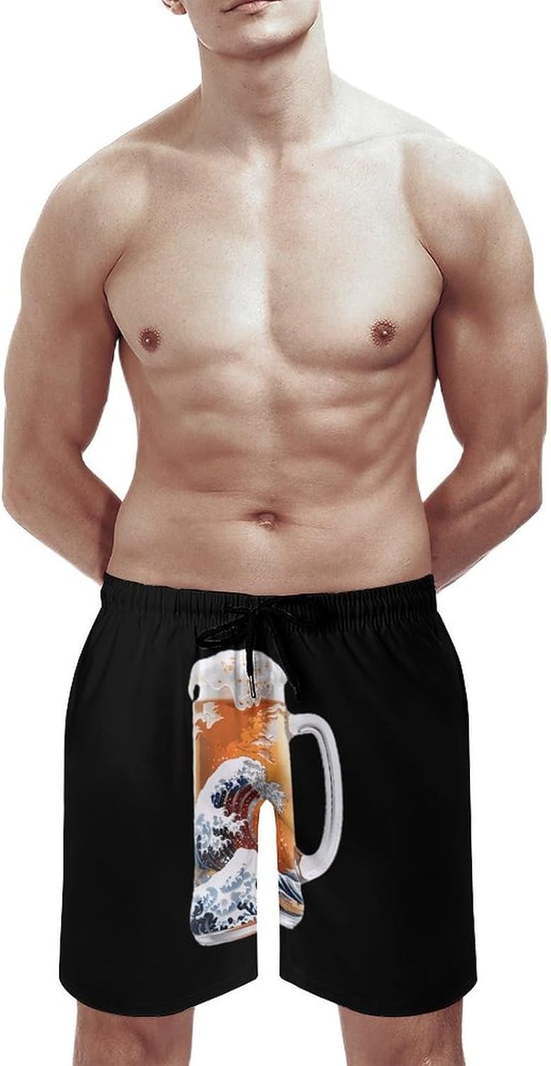 The Great Wave of Beer Casual Men's Swim Trunks Novelty Summer Beach Shorts Swimwear with Pocket