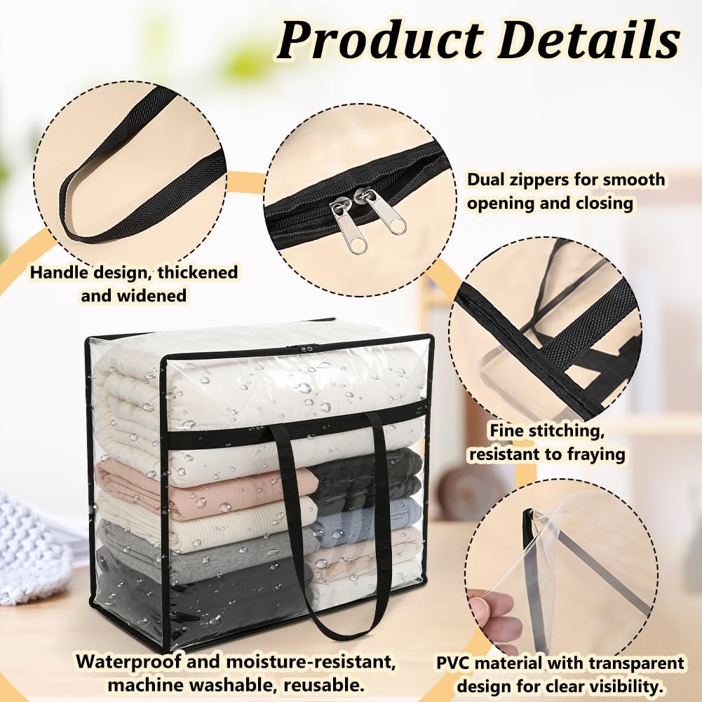 12pcs Clear Storage Bags 40L Large Plastic Blanket Storage with Zipper and Handle Closet Organizers Containers Foldable Moving Bags for Comforter Blanket Bedding Duvet Clothes