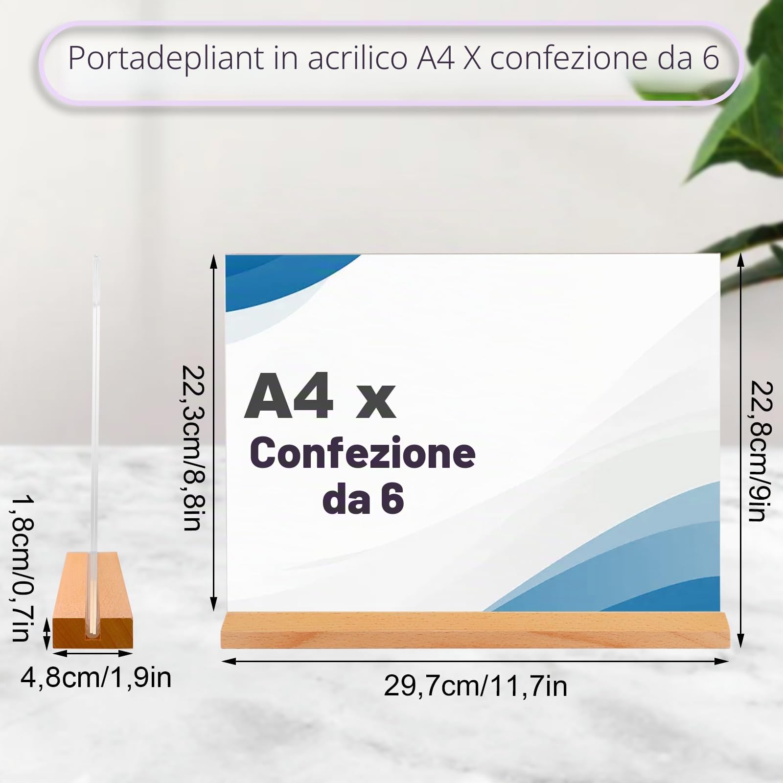 APACALI Espositore A4, formato orizzontale, formato A4, formato A4, con base in legno, supporto a L per pubblicità, ristorante, bancone