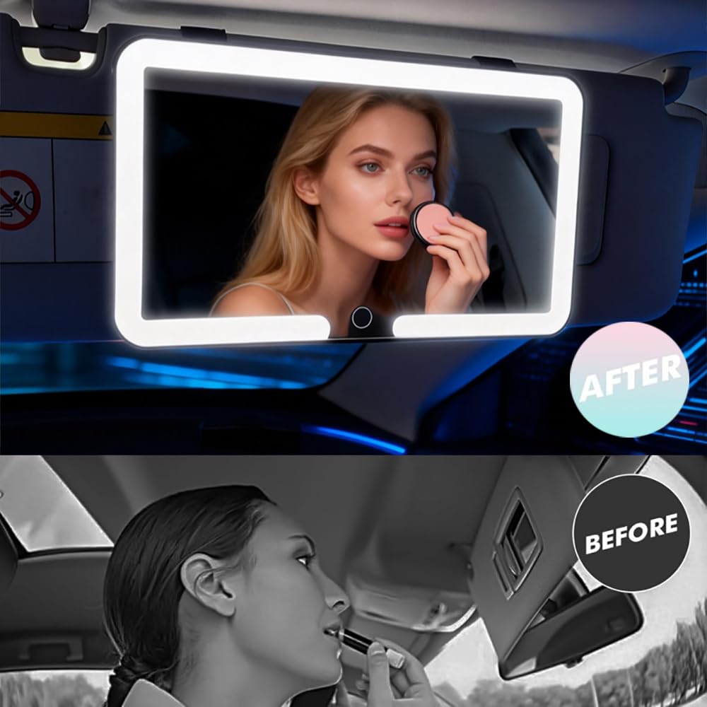 Universal Car Sun Visor Vanity Mirror with LED Lights & Touch Dimming - Vamotto LED Rechargeable Makeup Mirror Vanity Mirror for Women, 3 Color Modes,Car Mirror Accessories (Black) — view 4