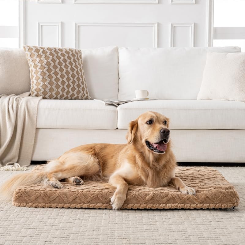 Orthopedic Memory Foam Dog Crate Pad, Medium Size, Brown Diamond Pattern, Waterproof Lining, Washable Cover for Dogs and Cats 41" L x 28" W x 3" H