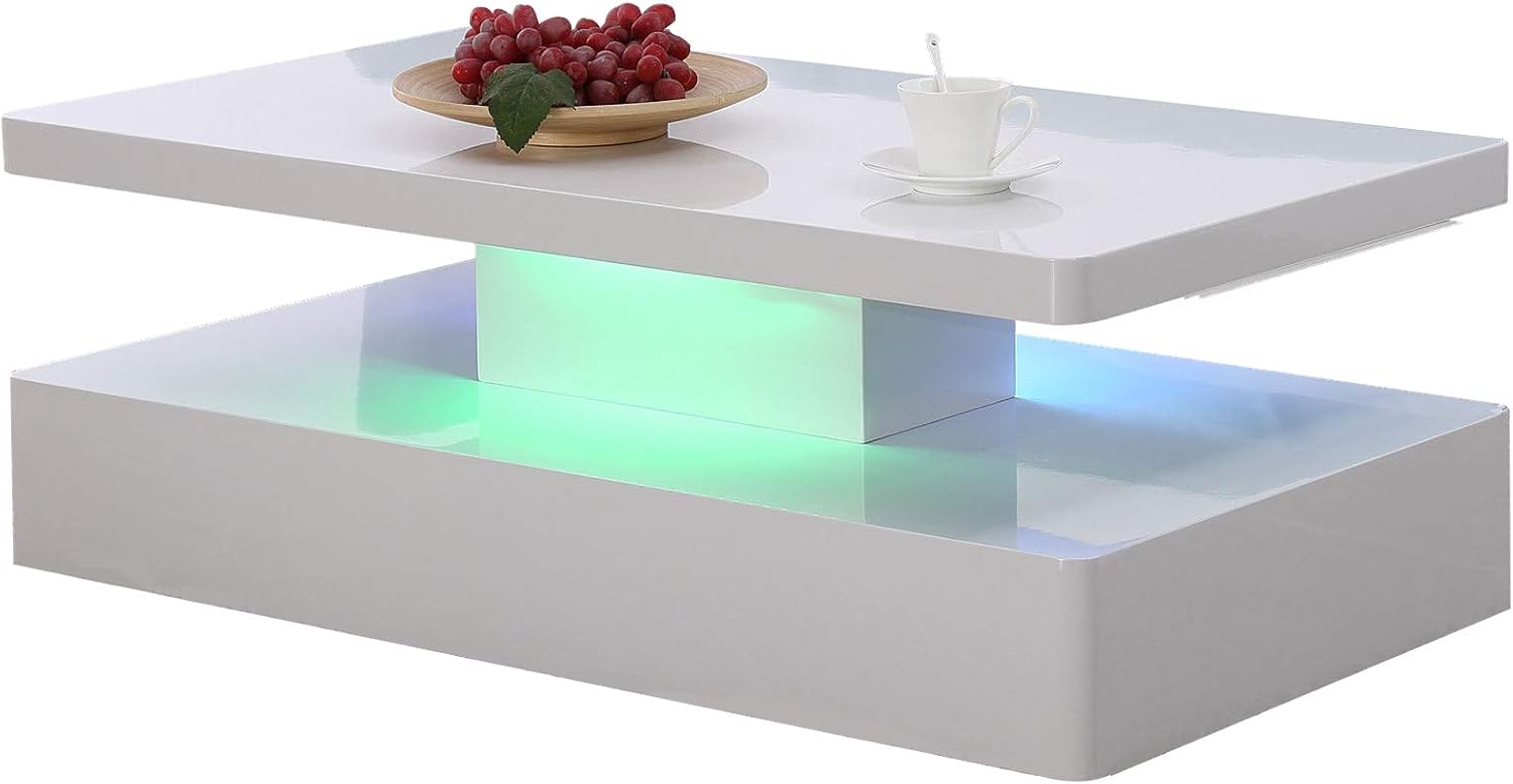 Mecor Modern Glossy White Coffee Table W/LED Lighting, Contemporary Rectangle Design Living Room Furniture